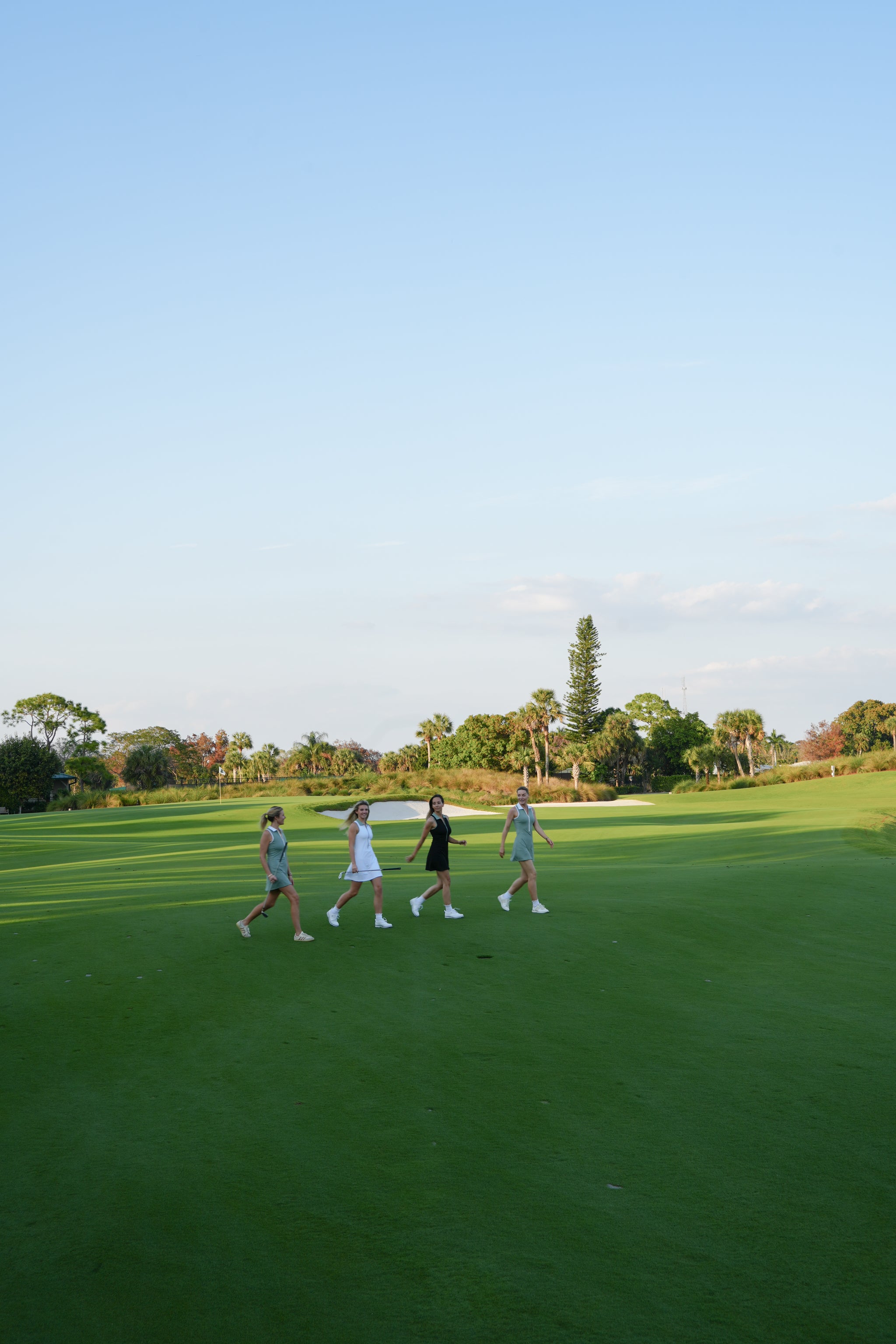 Four people walking on a golf course with trees and a clear sky in the background
